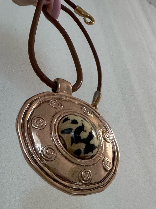 Jewelry - Round Copper Pendant Necklace with Animal Print Accent Gold color 16”